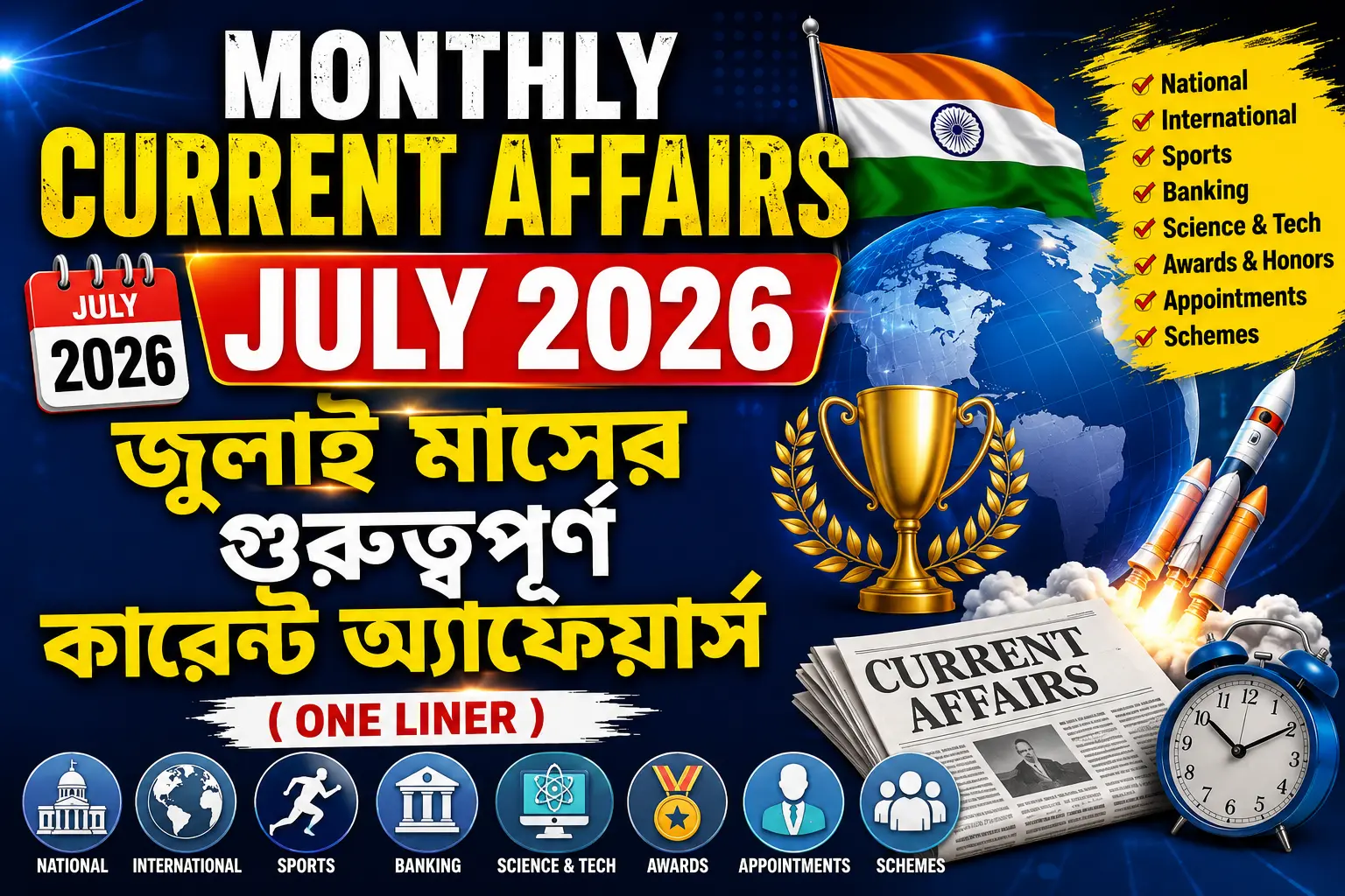 Monthly Current Affairs July 2026: জুলাই মাসের গুরুত্বপূর্ণ কারেন্ট অ্যাফেয়ার্স (One Liner)