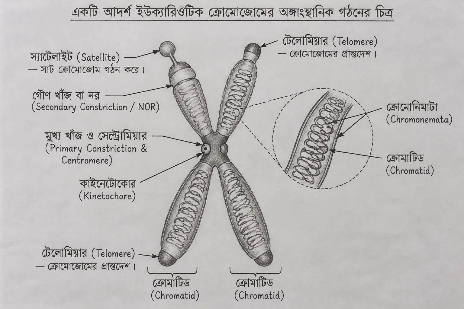 ইউক্যারিওটিক ক্রোমোজোমের অঙ্গসংস্থানিক গঠনের চিত্র - Eukaryotic Chromosome Structure Diagram Madhyamik 2027
