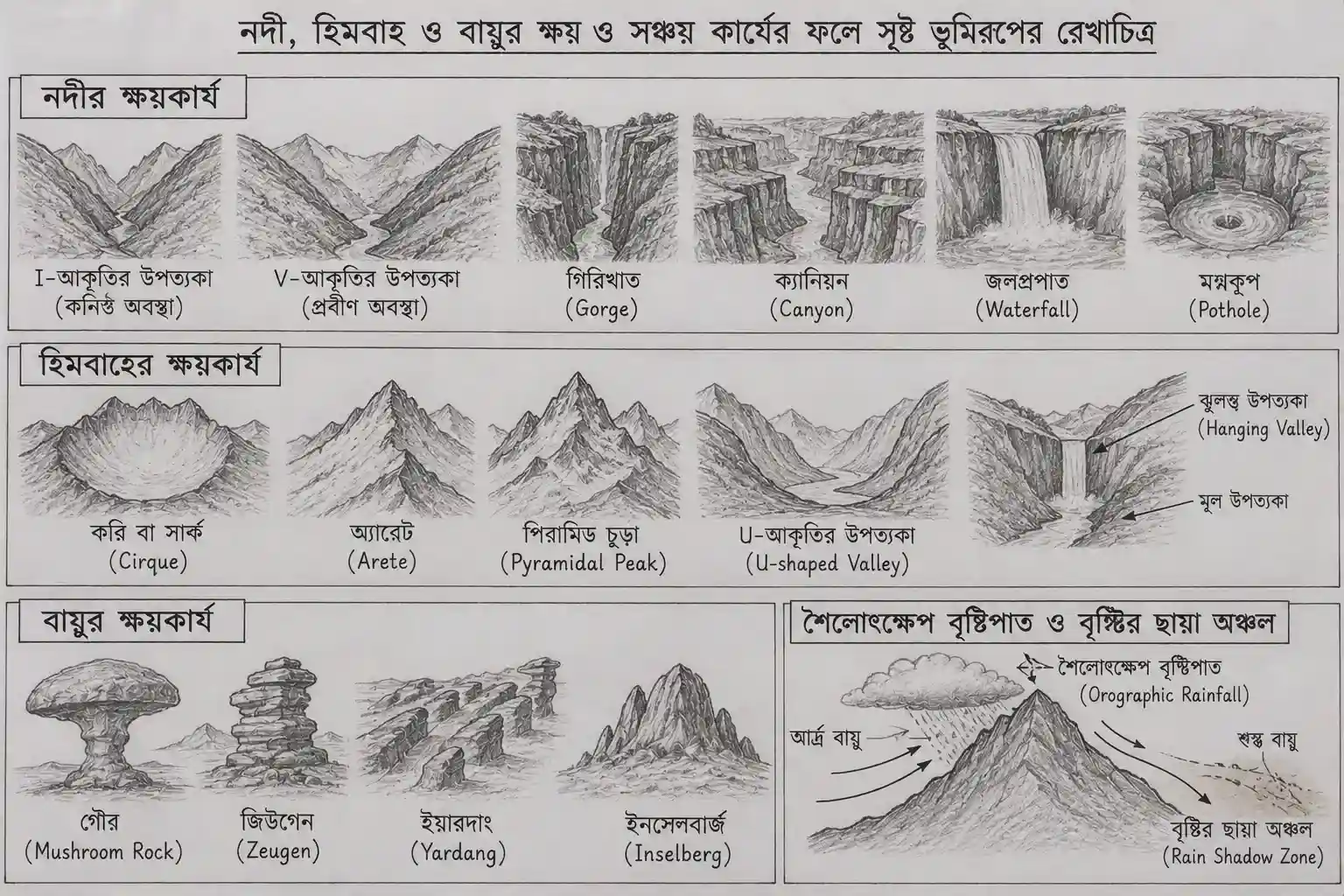 নদী হিমবাহ ও বায়ুর কার্যের ফলে সৃষ্ট ভূমিরূপের চিত্র - Geography Landforms Diagrams Madhyamik 2027