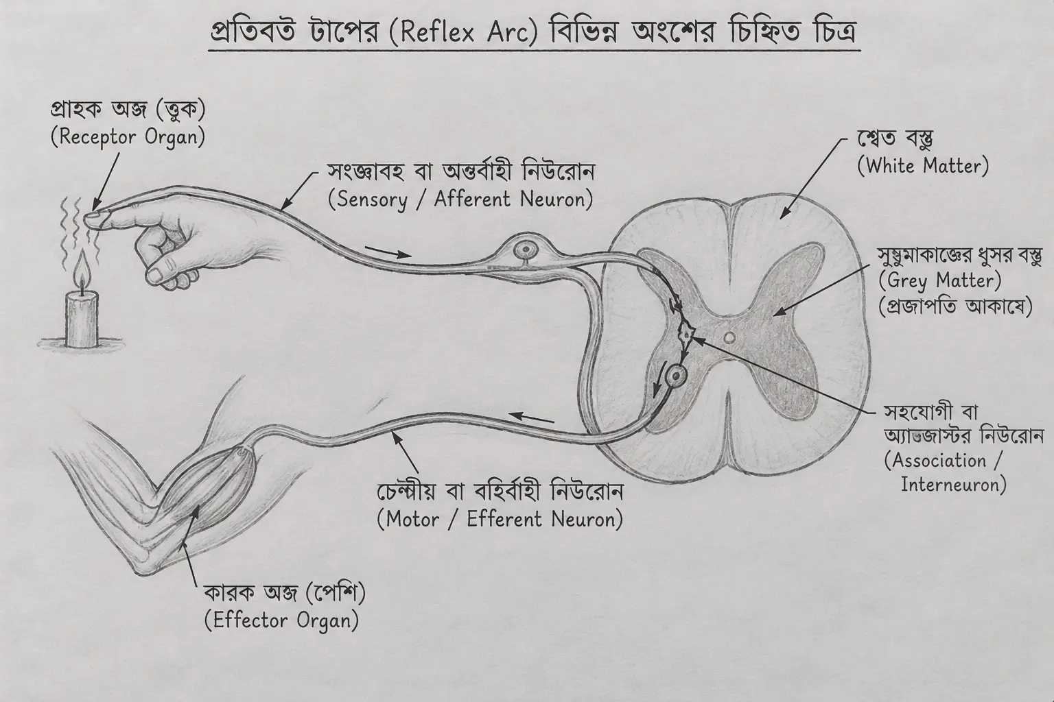 প্রতিবর্ত চাপের চিহ্নিত চিত্র - Reflex Arc Labeled Diagram Madhyamik 2027 Life Science